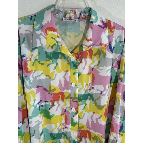 Nylon Apparel Women’s Horse Pastel Print Large Long Sleeve Collared Button Shirt - Picture 1 of 9